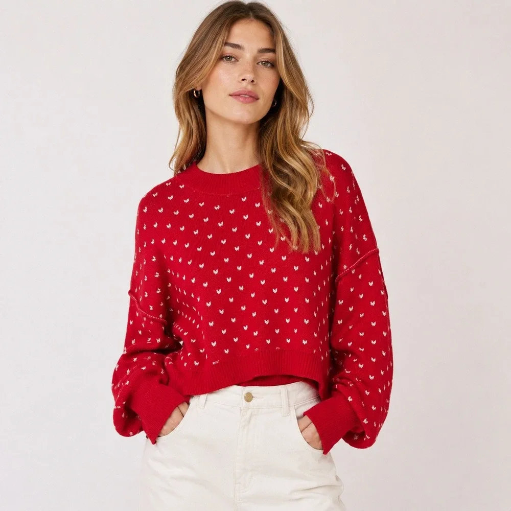 Free People Red Patterned Easy Street Cropped Sweater Cotton Women's Medium